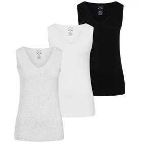 3 Pack Wide Strap Seamless V Neck Vest - Black / White / Grey