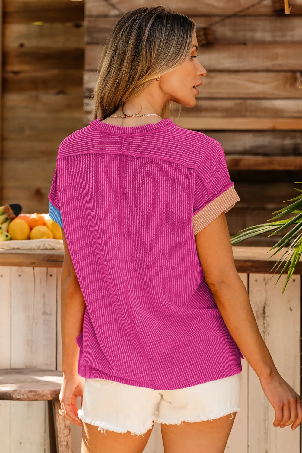 Apricot Pink Colorblock Crinkle Rib Round Neck T Shirt