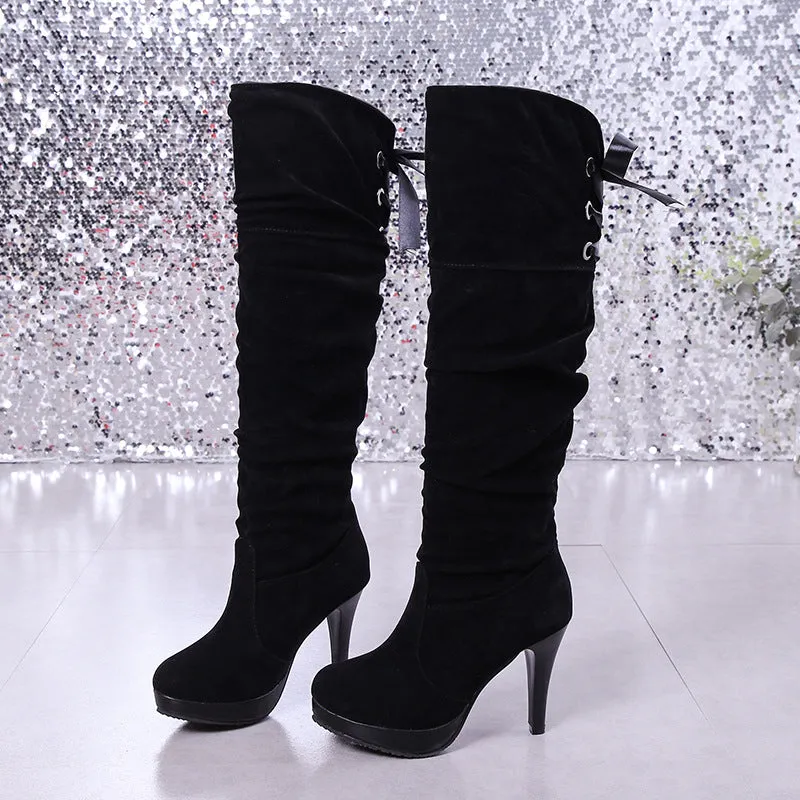 Autumn and Winter New Korean Style High Heel Women's over the Knee Boots Lace up Casual Women's Martin Boots