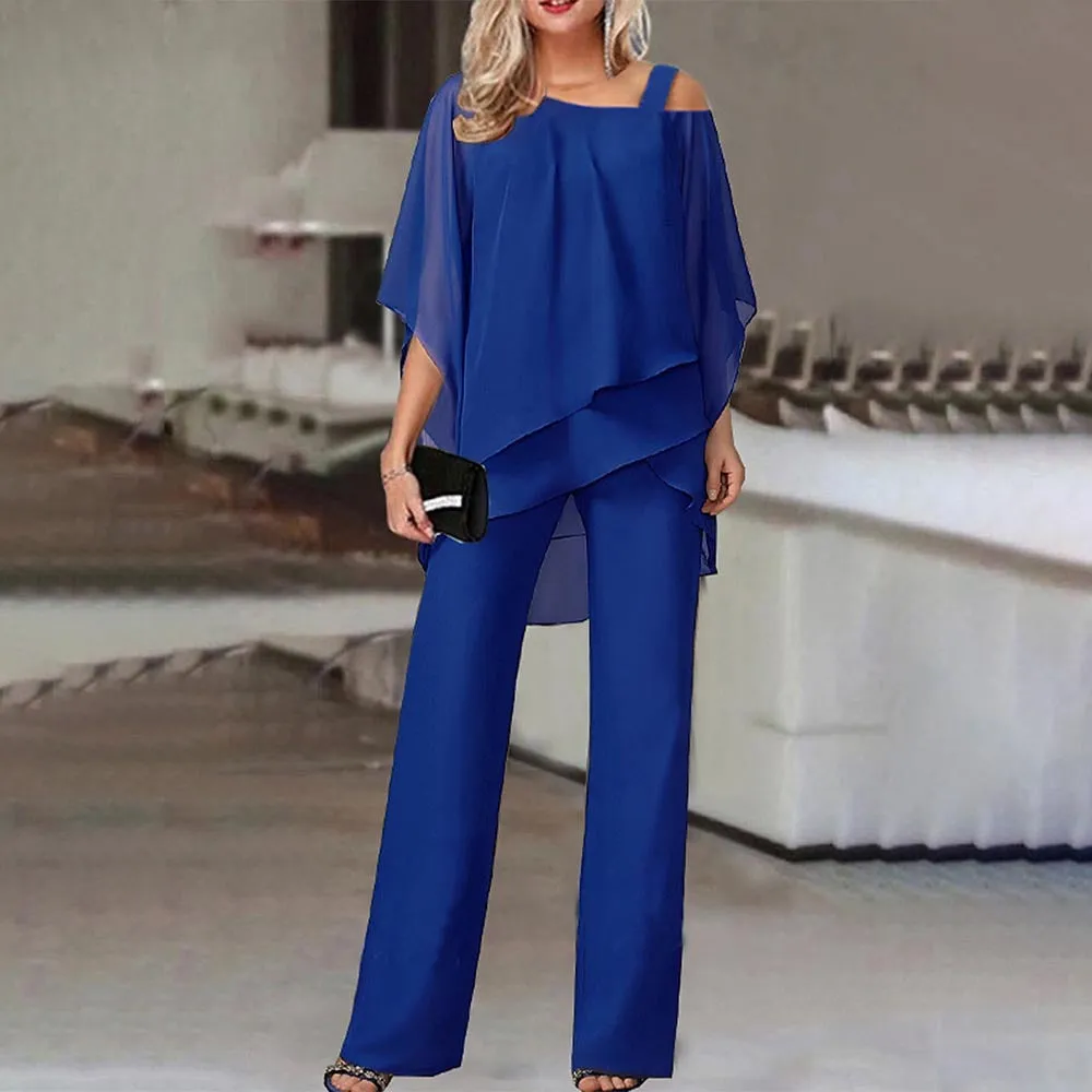 Batwing Sleeve Top and Trousers Women's Casual Strapless Irregular Party Suit Elegant Two-Piece Set  Spring, Summer, Autumn 66