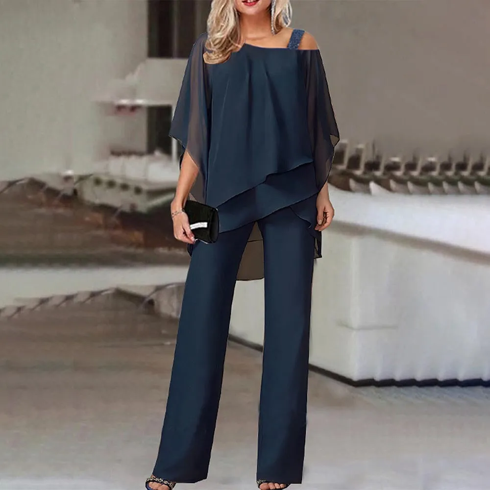 Batwing Sleeve Top and Trousers Women's Casual Strapless Irregular Party Suit Elegant Two-Piece Set  Spring, Summer, Autumn 66
