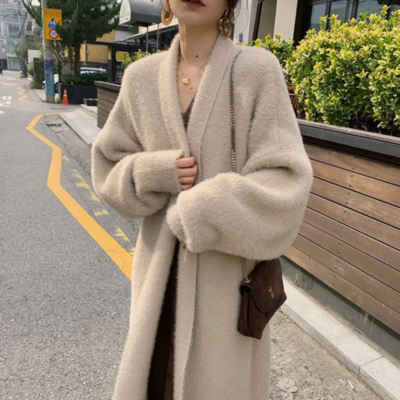 binfenxie-shop 2024 fall fashion trends Korean Style Autumn and Winter New Style Faux Mink Velvet Sweater Women's Cardigan Outer Wear over the Knee Long Loose Overcoat Women's Coat