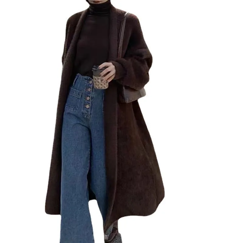 binfenxie-shop 2024 fall fashion trends Korean Style Autumn and Winter New Style Faux Mink Velvet Sweater Women's Cardigan Outer Wear over the Knee Long Loose Overcoat Women's Coat