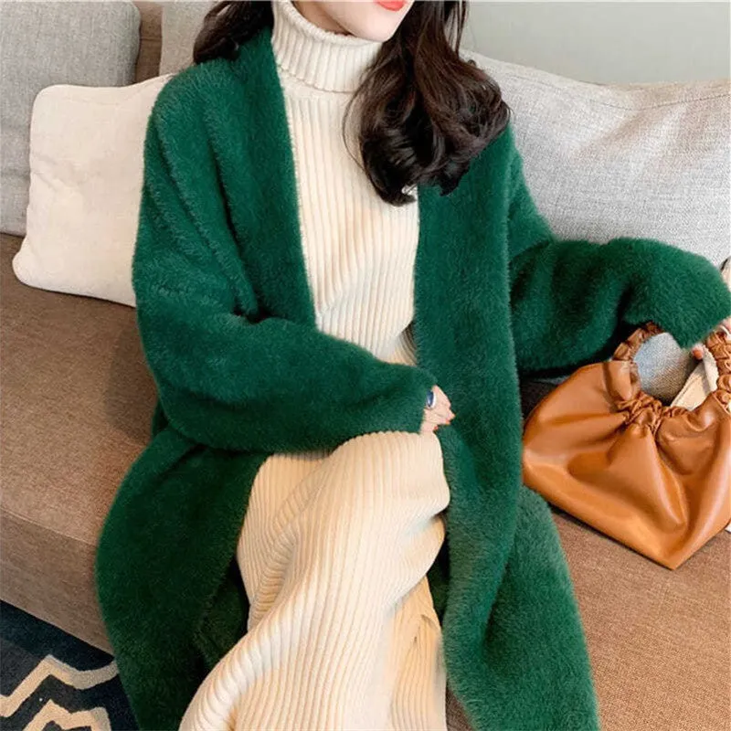 binfenxie-shop 2024 fall fashion trends Korean Style Autumn and Winter New Style Faux Mink Velvet Sweater Women's Cardigan Outer Wear over the Knee Long Loose Overcoat Women's Coat