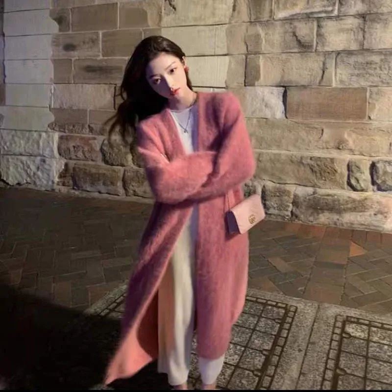 binfenxie-shop 2024 fall fashion trends Korean Style Autumn and Winter New Style Faux Mink Velvet Sweater Women's Cardigan Outer Wear over the Knee Long Loose Overcoat Women's Coat