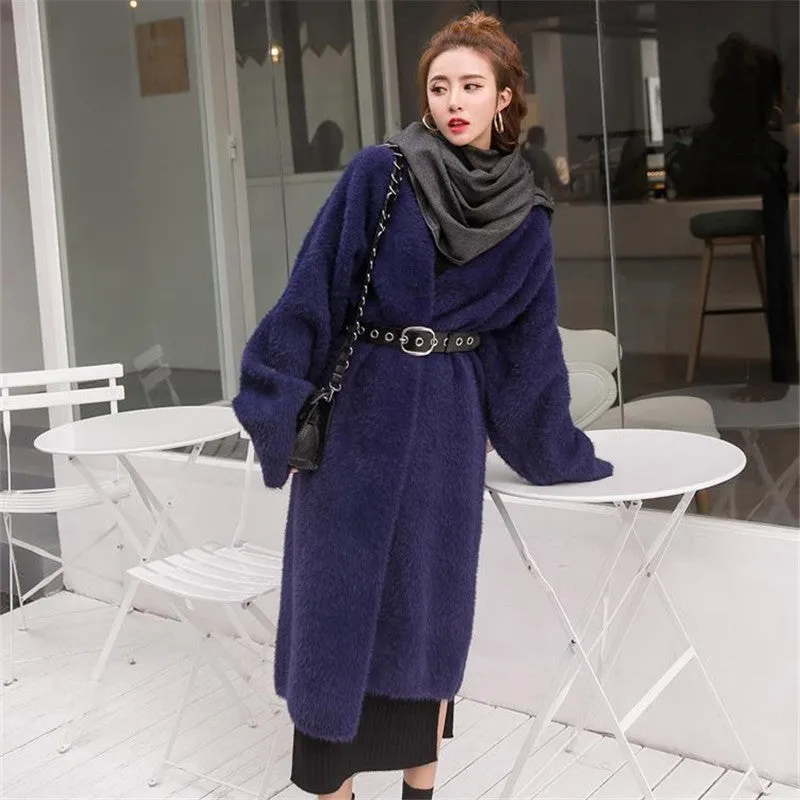 binfenxie-shop 2024 fall fashion trends Korean Style Autumn and Winter New Style Faux Mink Velvet Sweater Women's Cardigan Outer Wear over the Knee Long Loose Overcoat Women's Coat