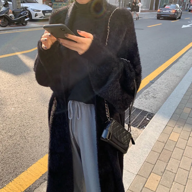binfenxie-shop 2024 fall fashion trends Korean Style Autumn and Winter New Style Faux Mink Velvet Sweater Women's Cardigan Outer Wear over the Knee Long Loose Overcoat Women's Coat
