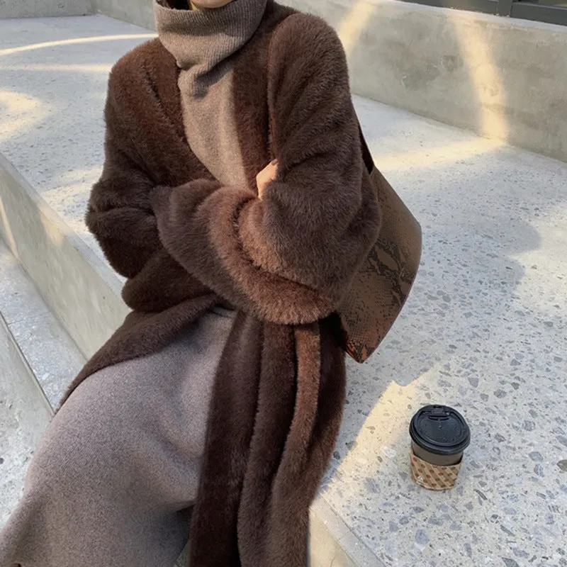 binfenxie-shop business casual outfits Korean Style Autumn and Winter New Style Faux Mink Velvet Sweater Women's Cardigan Outer Wear over the Knee Long Loose Overcoat Women's Coat
