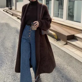 binfenxie-shop business casual outfits Korean Style Autumn and Winter New Style Faux Mink Velvet Sweater Women's Cardigan Outer Wear over the Knee Long Loose Overcoat Women's Coat