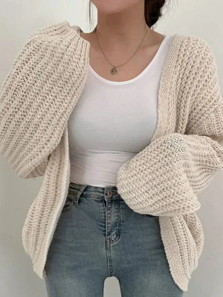 binfenxie Women Cardigan Sweater Coat Casual Loose Knitted Solid Coat Lantern Sleeve Sweet Overcoat For Women Autumn Winter