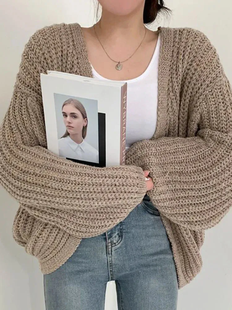 binfenxie Women Cardigan Sweater Coat Casual Loose Knitted Solid Coat Lantern Sleeve Sweet Overcoat For Women Autumn Winter