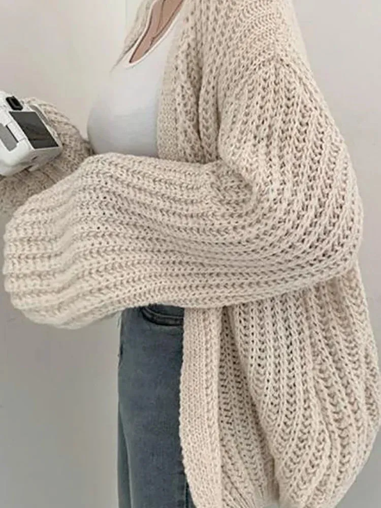 binfenxie Women Cardigan Sweater Coat Casual Loose Knitted Solid Coat Lantern Sleeve Sweet Overcoat For Women Autumn Winter