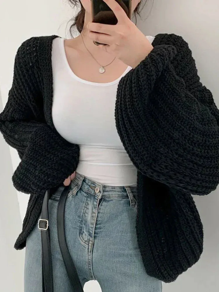 binfenxie Women Cardigan Sweater Coat Casual Loose Knitted Solid Coat Lantern Sleeve Sweet Overcoat For Women Autumn Winter