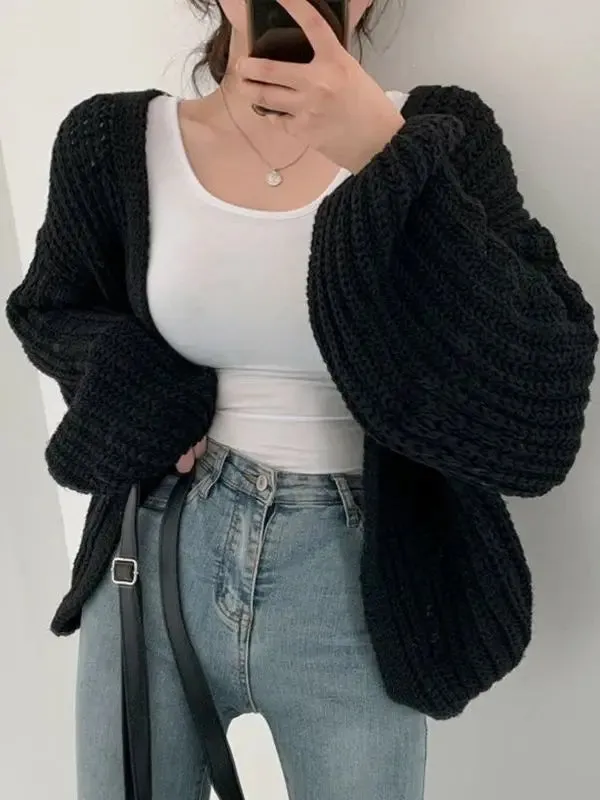 binfenxie Women Cardigan Sweater Coat Casual Loose Knitted Solid Coat Lantern Sleeve Sweet Overcoat For Women Autumn Winter