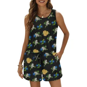 black floral blue gold white print 2 All Over Print Vest Short Jumpsuit