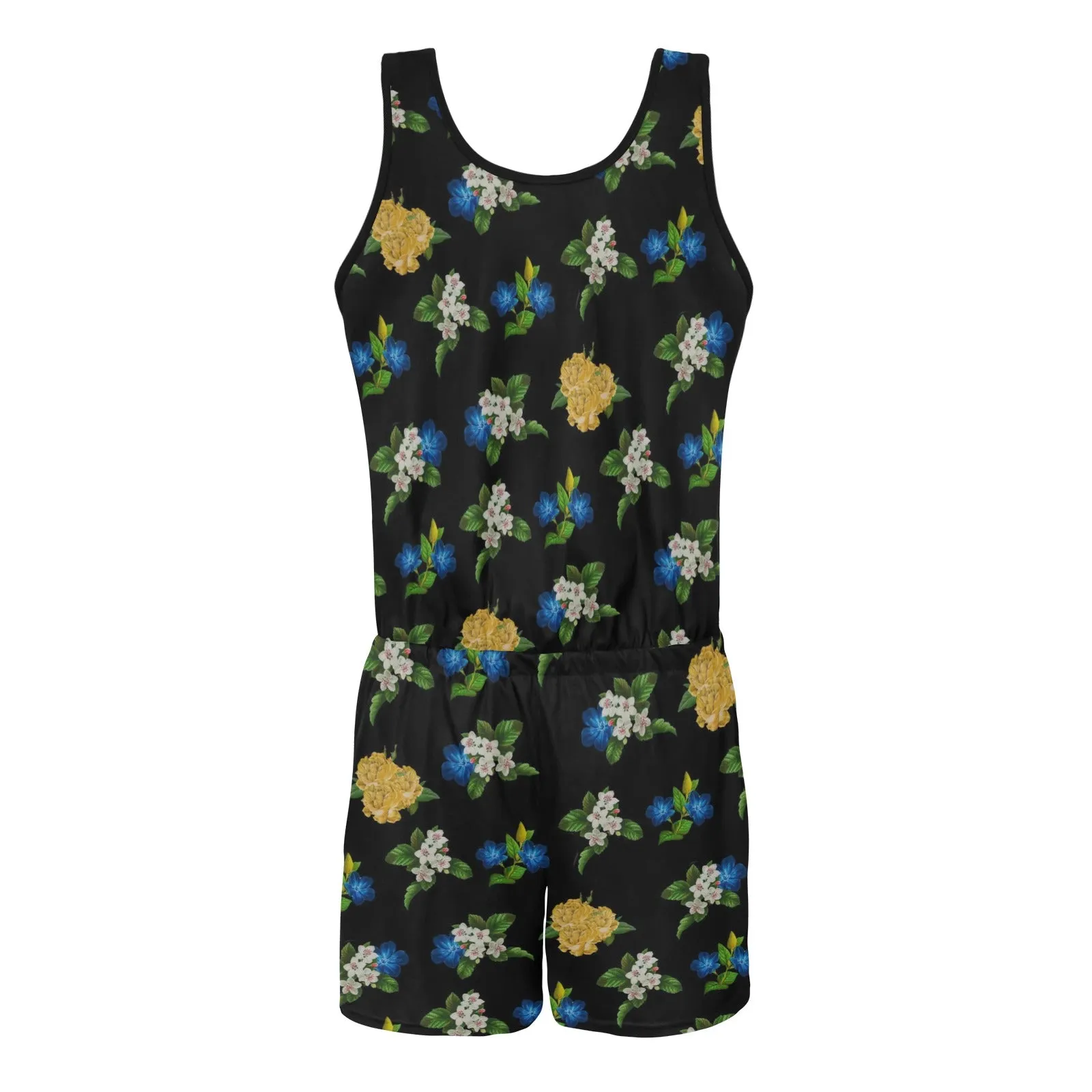 black floral blue gold white print 2 All Over Print Vest Short Jumpsuit
