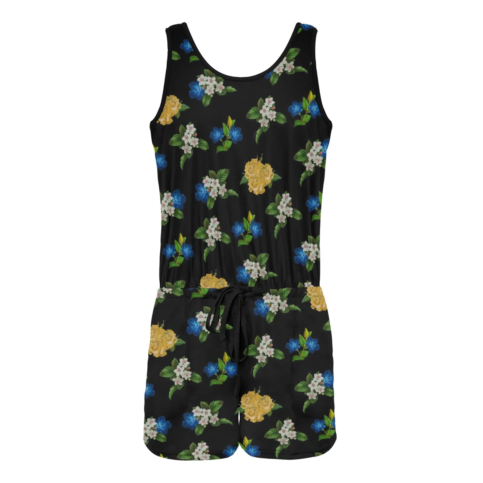 black floral blue gold white print 2 All Over Print Vest Short Jumpsuit