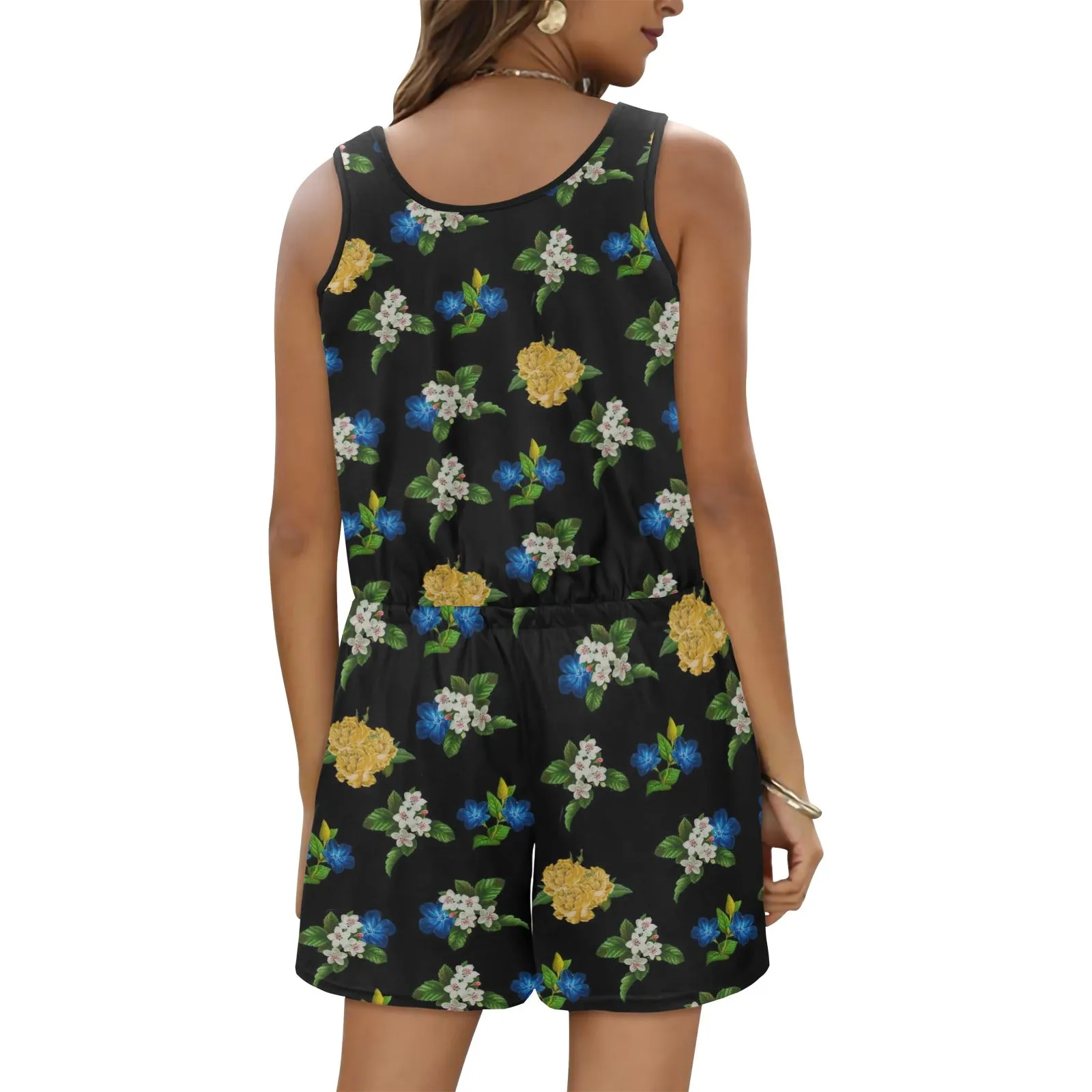 black floral blue gold white print 2 All Over Print Vest Short Jumpsuit