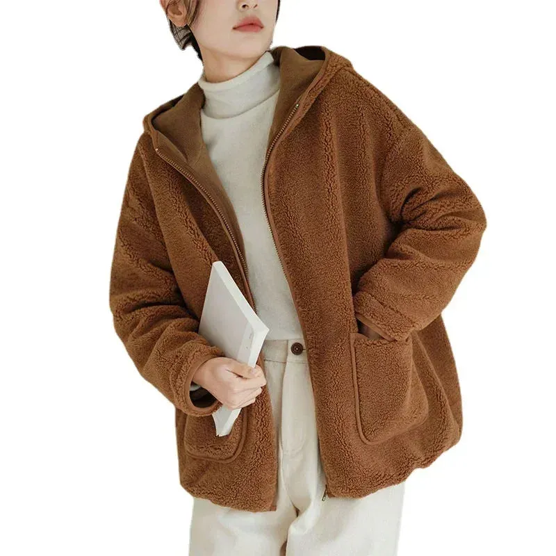 Bonnyshow Thickened Sheepskin Fleece Jacket with Hood, Lambhair Jacket, Women's New Warm Leather Fur Integrated Granular Fleece Coat
