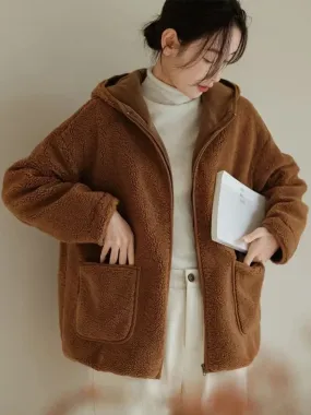 Bonnyshow Thickened Sheepskin Fleece Jacket with Hood, Lambhair Jacket, Women's New Warm Leather Fur Integrated Granular Fleece Coat