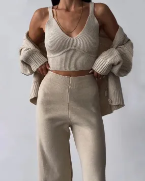 Chic V-neck Knitted Three-piece Set Sleeveless Crop Vest and Sweater Cardigan & Solid Wide Leg Pants