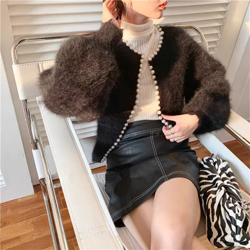 Chicmy Sweater Mink Cardigans Women Winter Jacket Coat Solid White Pink Overcoat Fashion Soft Lantern Sleeve Pearl Beaded Sweater Coat
