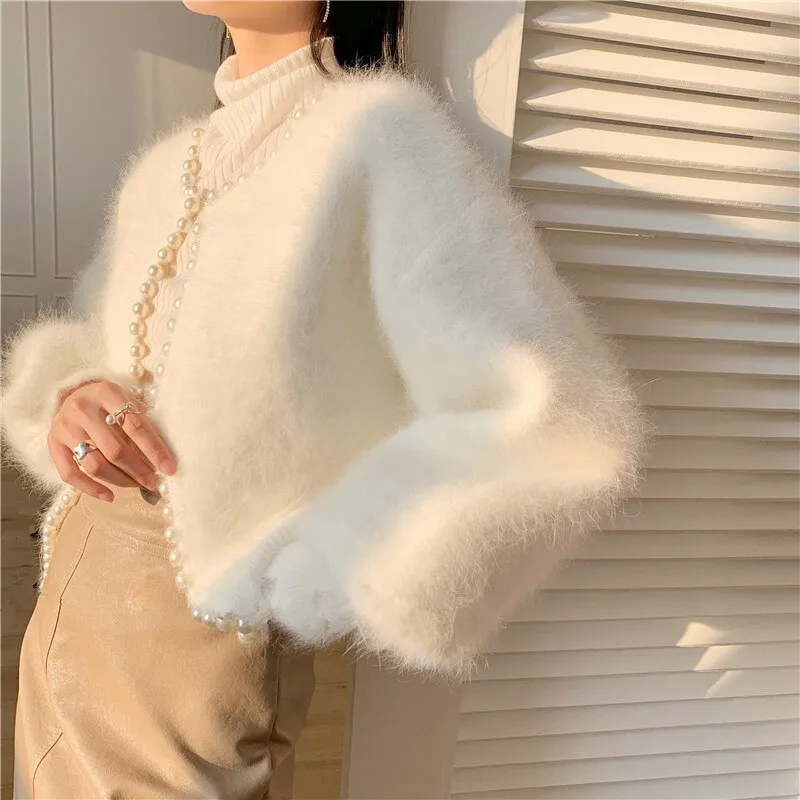 Chicmy Sweater Mink Cardigans Women Winter Jacket Coat Solid White Pink Overcoat Fashion Soft Lantern Sleeve Pearl Beaded Sweater Coat