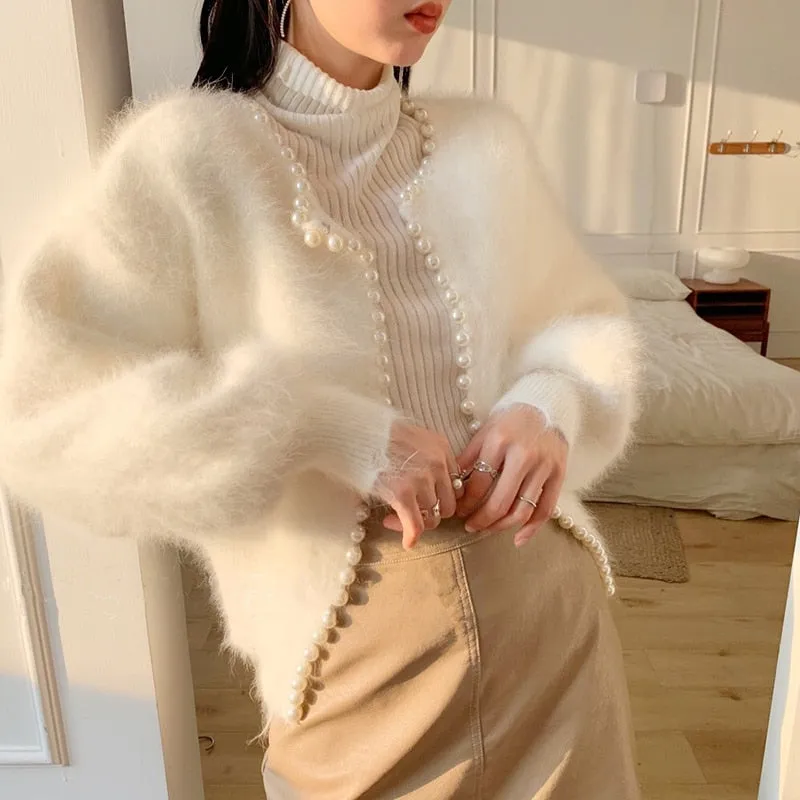 Chicmy Sweater Mink Cardigans Women Winter Jacket Coat Solid White Pink Overcoat Fashion Soft Lantern Sleeve Pearl Beaded Sweater Coat
