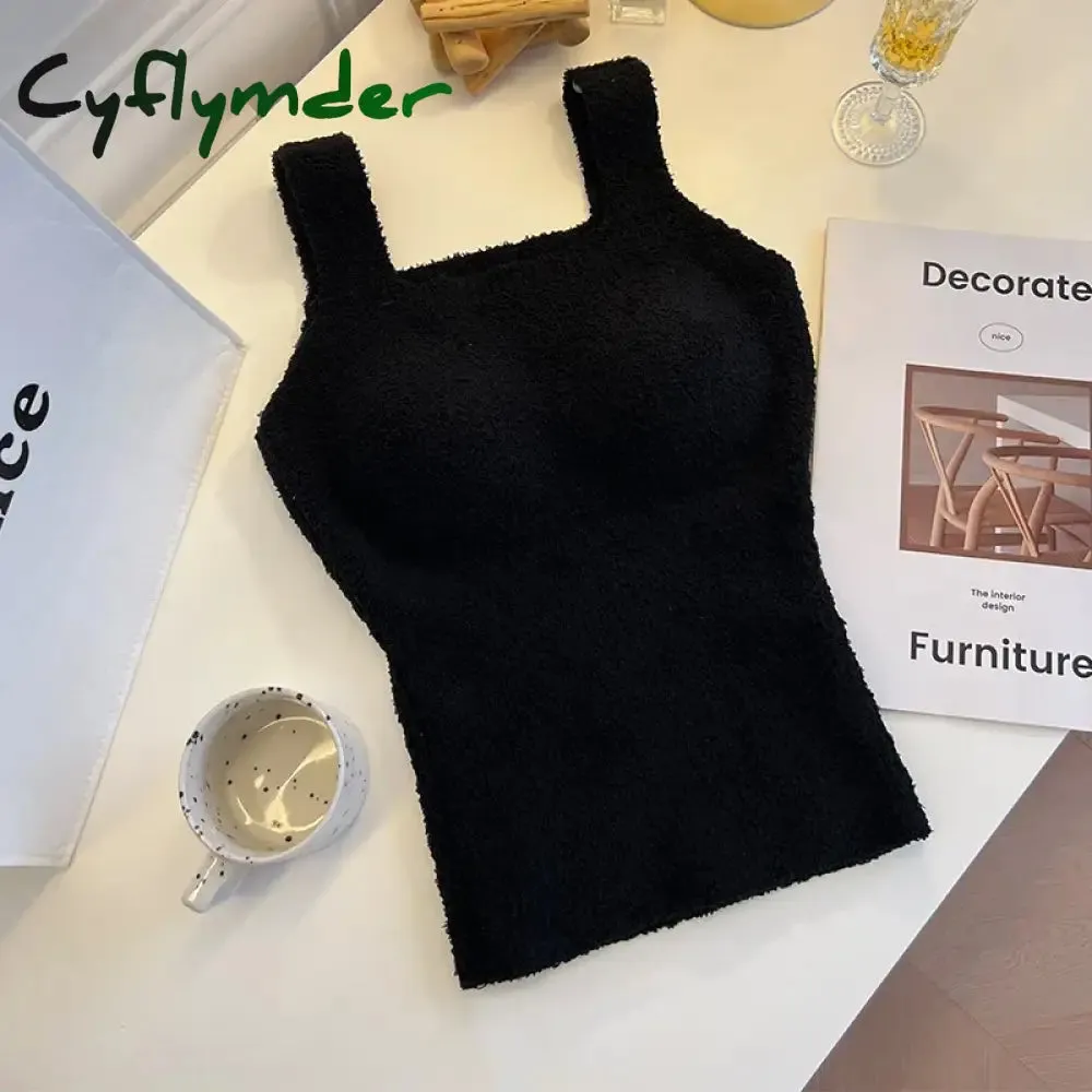Cyflymder Women Undershirt Warm Vest with Bra Lambswool Thermal Underwear Bottoming Clothing Solid Color Slim Fashion Soft Autumn Winter