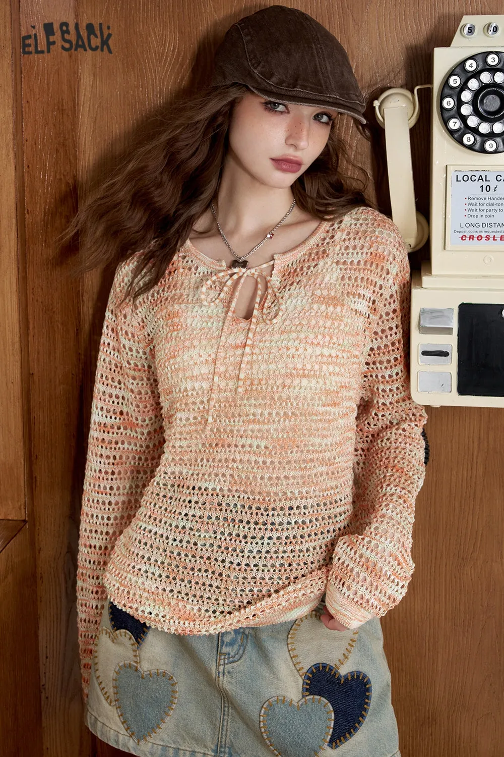 ELFSACK 2024 Summer New Arrivals Pink gradient hollow knitted sweater for women Casual loose and lightweight hoodie