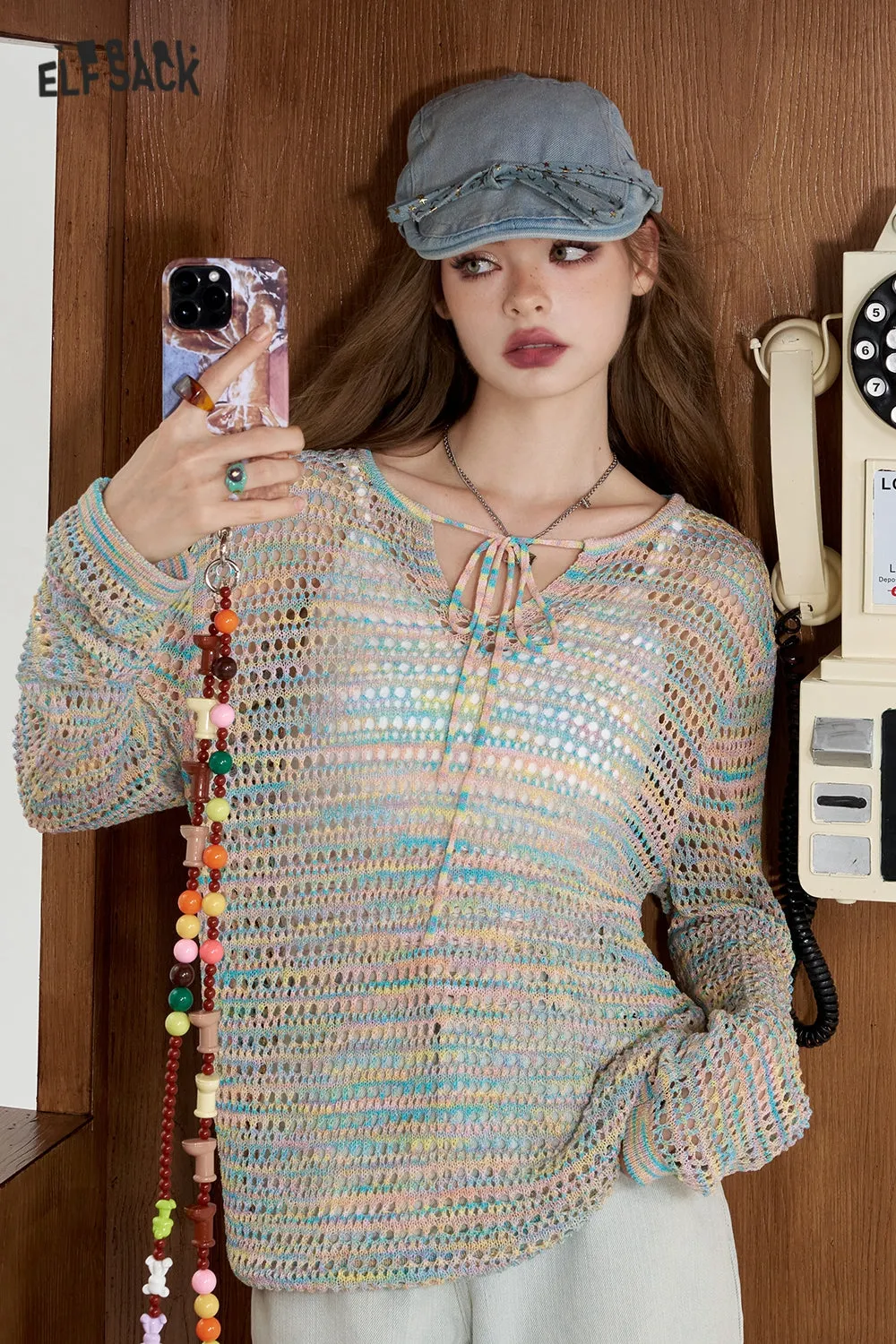 ELFSACK 2024 Summer New Arrivals Pink gradient hollow knitted sweater for women Casual loose and lightweight hoodie