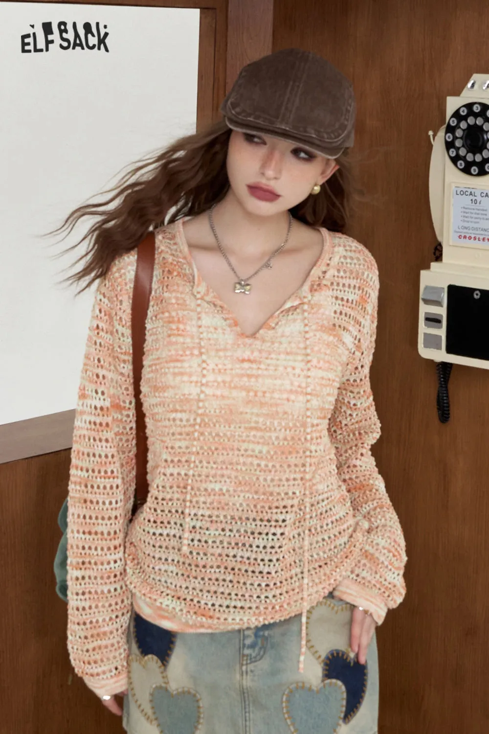 ELFSACK 2024 Summer New Arrivals Pink gradient hollow knitted sweater for women Casual loose and lightweight hoodie