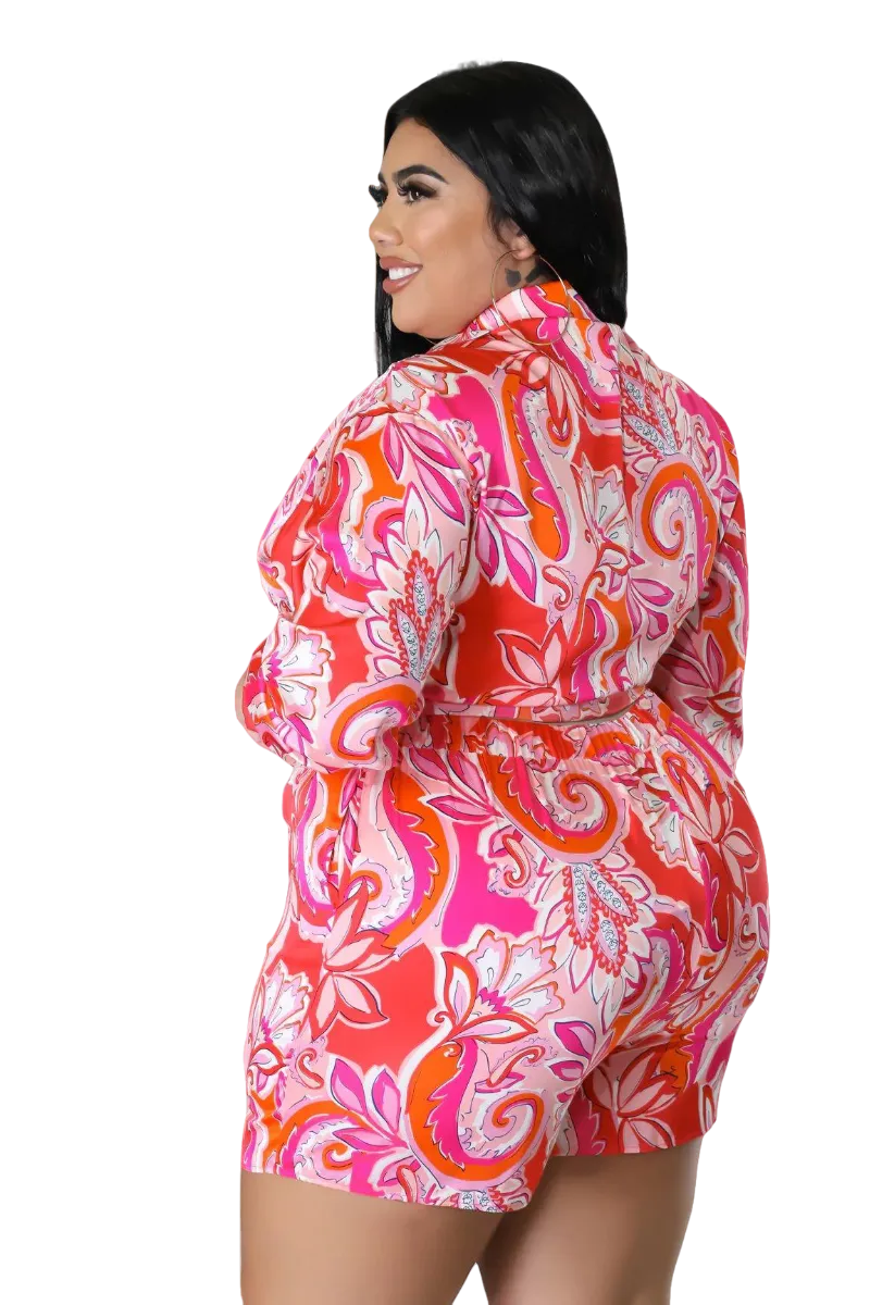 Final Sale Plus Size 2pc Short Set with Tie Crop Top in Pink/Red Print