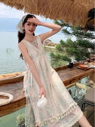 Floral Dress Suit Women's Summer  New Tassel Blouse Bandage Dress Suspender Skirt Two-Piece Set