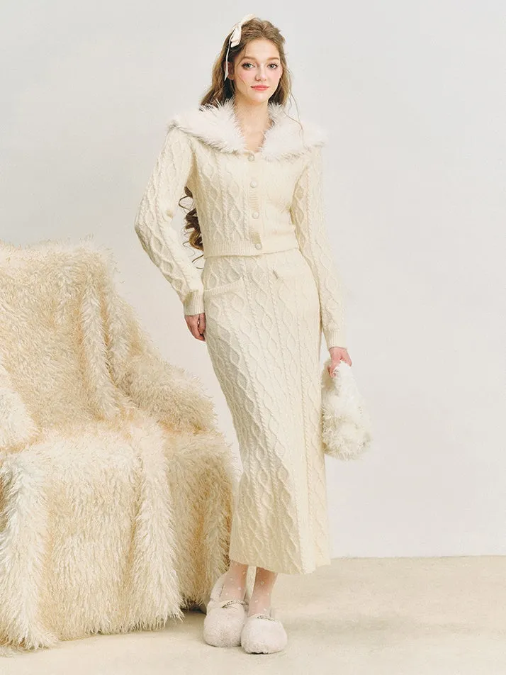 Fur Collar Twist Knitted Cardigan ＆ Long Skirt