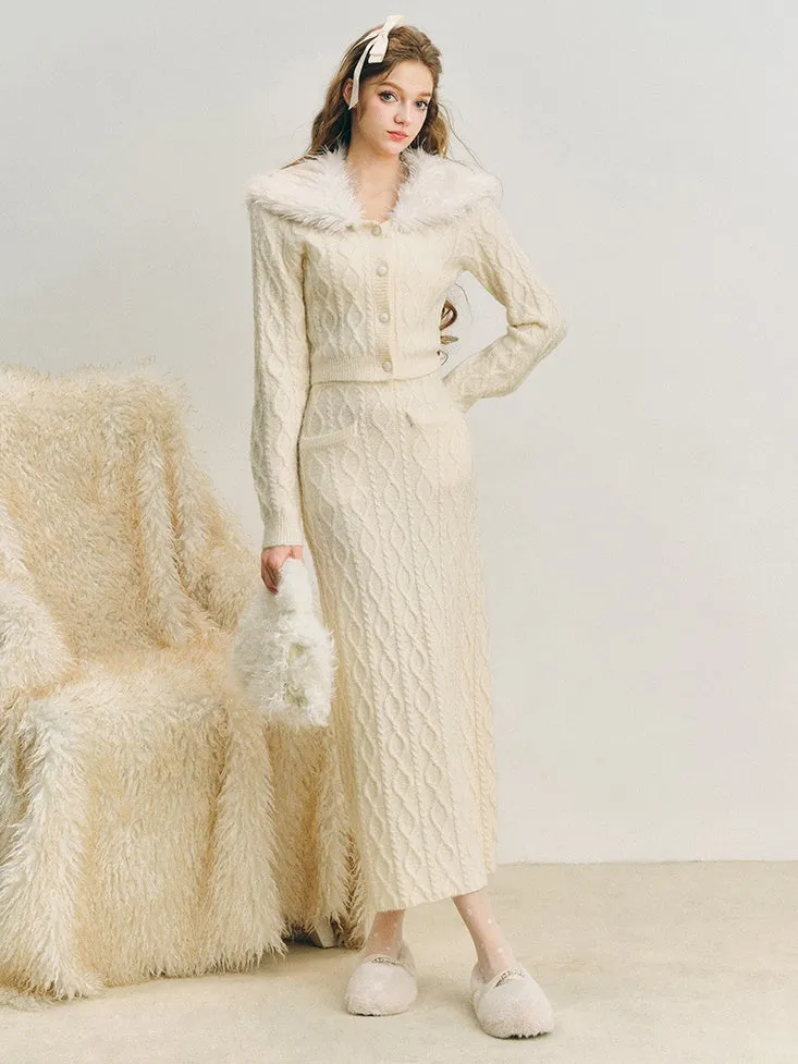 Fur Collar Twist Knitted Cardigan ＆ Long Skirt