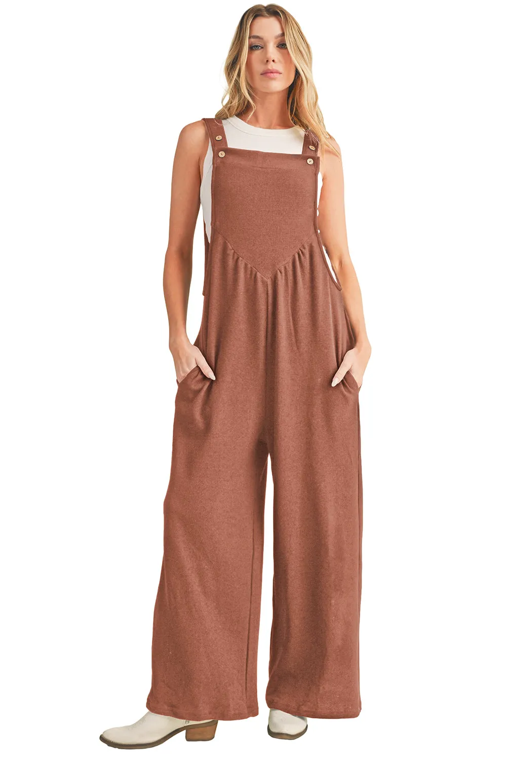 Gold Flame Buttoned Straps Ruched Wide Leg Jumpsuit