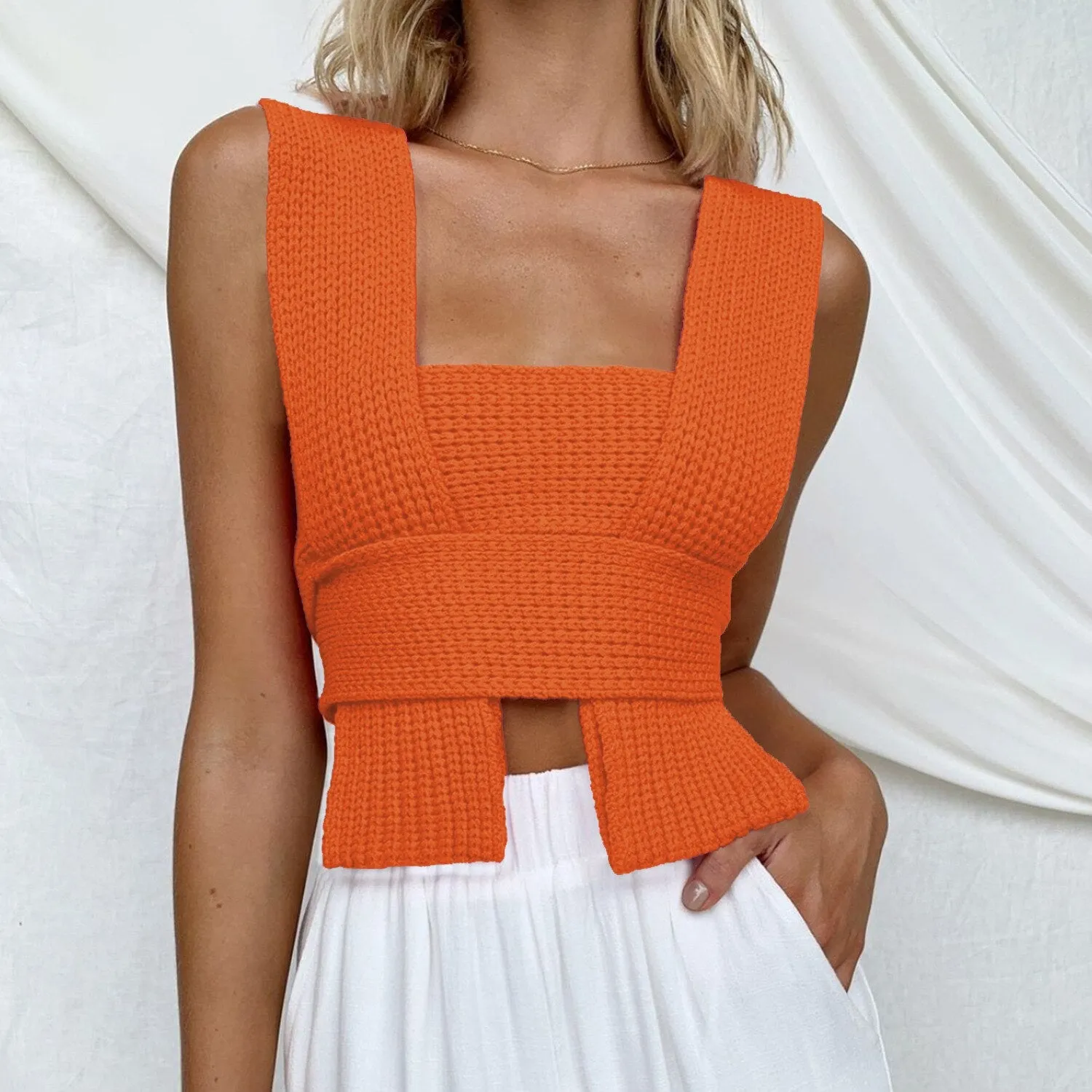 Graduation Dress Sonicelife 2024 Sleeveless Knitted Crop Sweater Autumn Summer Fashion DIY Vest Black Casual Jumper Top Female Pullover Bandage Tops
