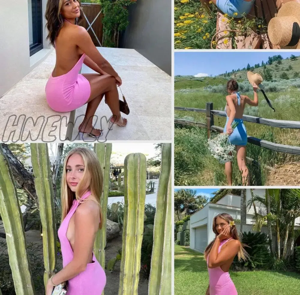 Hnewly Summer Gradient Backless Knit Dress Women New Mini Beach Party Halter Dress Holiday Slim Ladies Stretch Sweater Dress