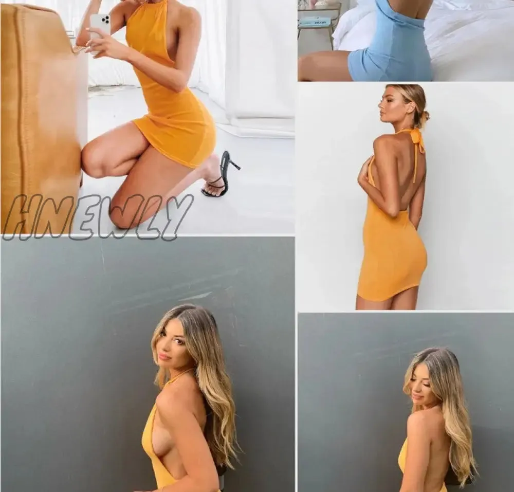 Hnewly Summer Gradient Backless Knit Dress Women New Mini Beach Party Halter Dress Holiday Slim Ladies Stretch Sweater Dress
