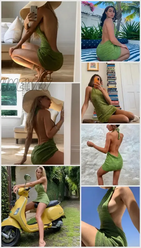 Hnewly Summer Gradient Backless Knit Dress Women New Mini Beach Party Halter Dress Holiday Slim Ladies Stretch Sweater Dress