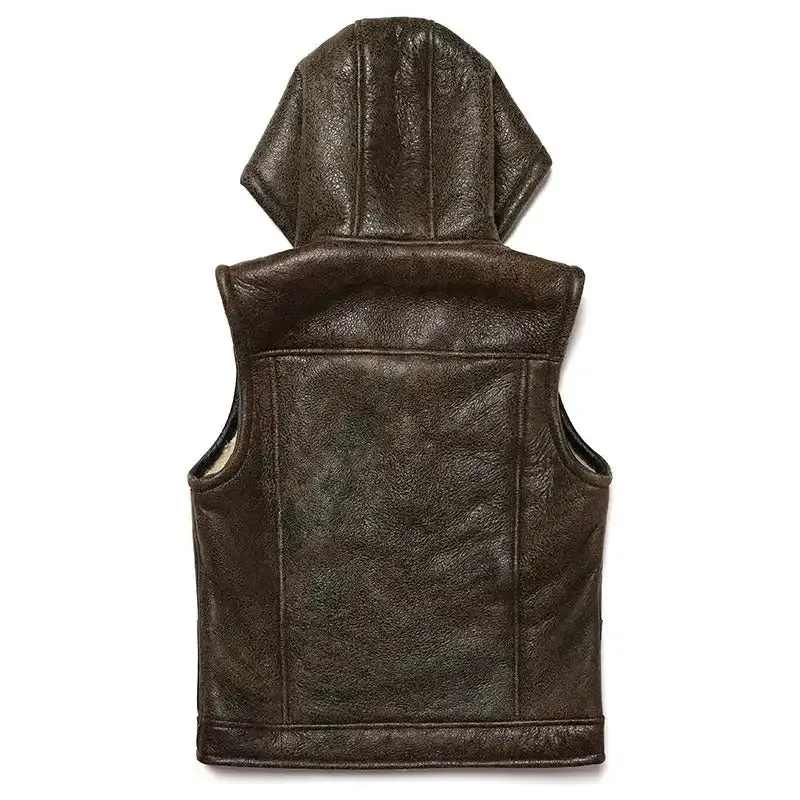 Hooded Shearling Leather Vest for Men