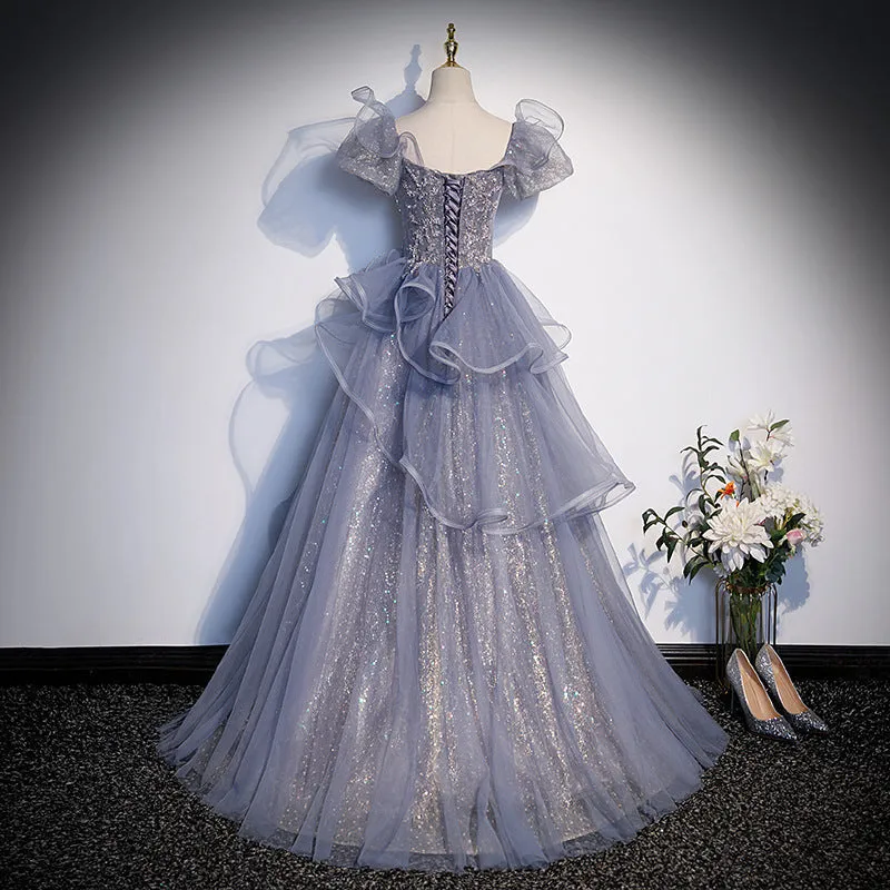 IKERRLAX Gray Blue Vocal Music Art Test Performance Costume Evening Dress New High-Grade  Birthday Adult Ceremony Host Princess Dress
