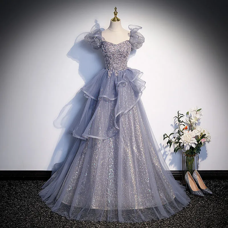 IKERRLAX Gray Blue Vocal Music Art Test Performance Costume Evening Dress New High-Grade  Birthday Adult Ceremony Host Princess Dress