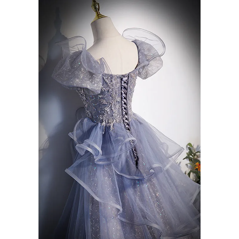 IKERRLAX Gray Blue Vocal Music Art Test Performance Costume Evening Dress New High-Grade  Birthday Adult Ceremony Host Princess Dress
