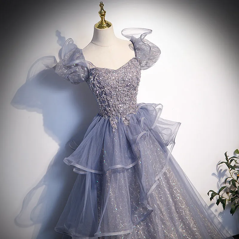 IKERRLAX Gray Blue Vocal Music Art Test Performance Costume Evening Dress New High-Grade  Birthday Adult Ceremony Host Princess Dress