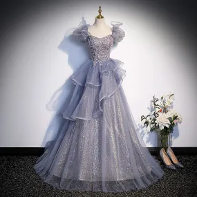 IKERRLAX Gray Blue Vocal Music Art Test Performance Costume Evening Dress New High-Grade  Birthday Adult Ceremony Host Princess Dress