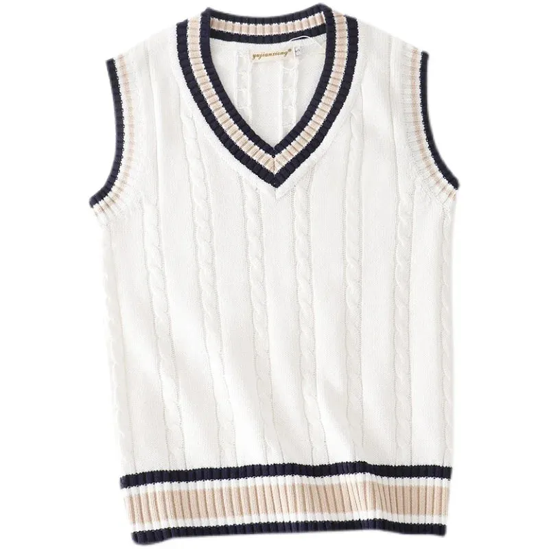 Ilooove Sweater Vest Men Thicken V-neck Sleeveless Knitted Sweaters Vests Striped Retro Preppy-style Simple Chic Loose Casual All-match