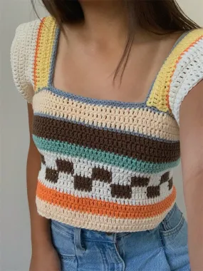 Joskaa Wsevypo Color Block Sweaters Vest Vintage 90S E-Girl Women Knitted Crop Tops Summer Sleeveless Square Neck Casual Pullover Tops