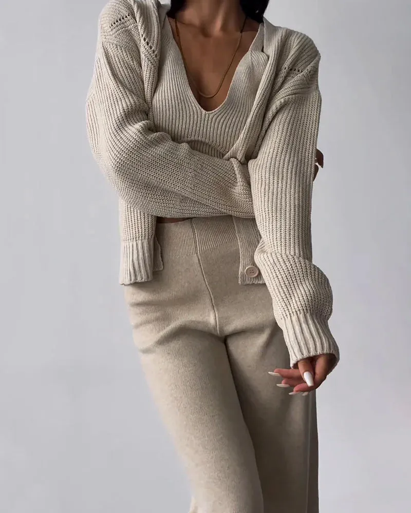 🔥(Limited 2 Days & Lowest Price) Chic V-neck Knitted Three-piece Set Crop Vest and Sweater Cardigan & Solid Wide Leg Pants